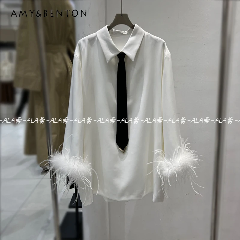 

Early Spring 2024 New Blouse Fashionable Simple Cute Cool Temperament Ostrich Feather Detachable Double-Sided Pocket Shirt Dress