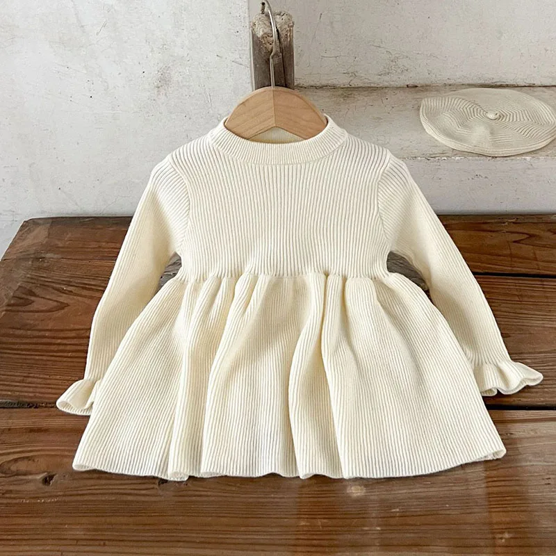 2024 New Autumn European American Style Kids Princess Dresses Long Sleeved Solid Color Knitted Dress Baby Girl Party Dress