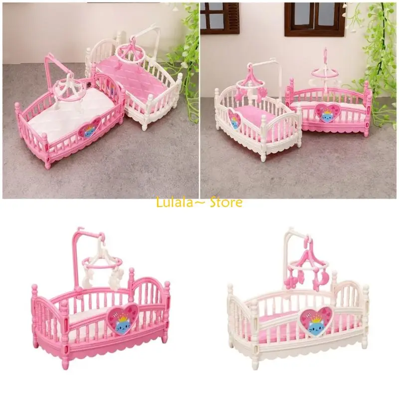 Y4QA Realistic Pink Crib Realistic Pretend Play for Kids Role Toddler Bed Model Toy Single Vintage Crib 1:12 Dollhouses