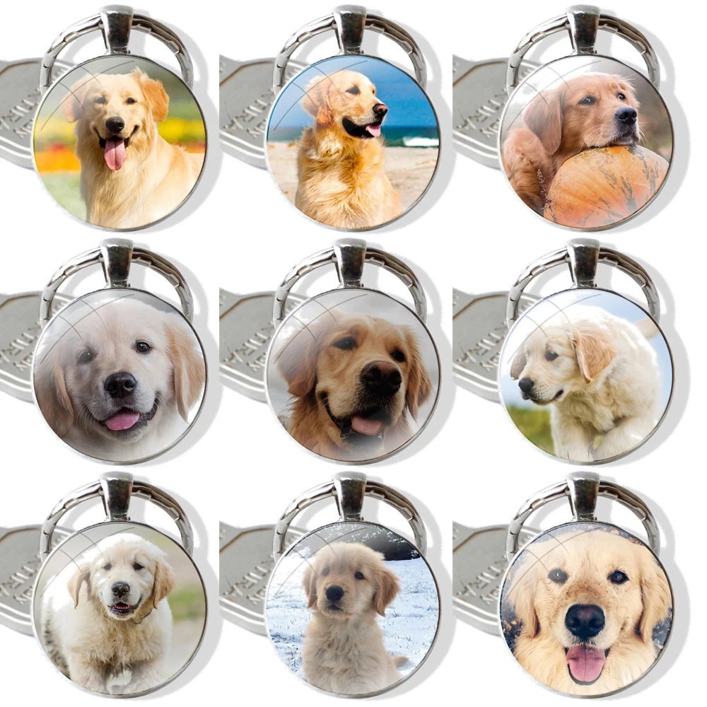 Fashion Design Cartoon Creative Keychain Handmade Glass Cabochon Key Ring Holder Pendant Key Chains Popular Golden Retriever Dog