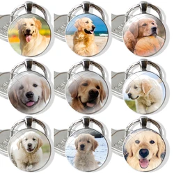 Fashion Design Cartoon Creative Keychain Handmade Glass Cabochon Key Ring Holder Pendant Key Chains Popular Golden Retriever Dog