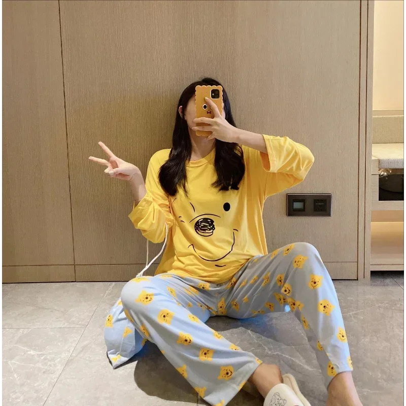 Disney outono novo winnie the pooh pijamas femininos algodão calças de manga comprida conjunto de duas peças pijamas de seda conjunto de loungewear