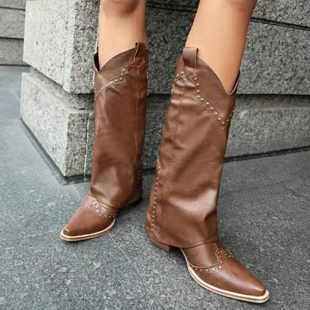 Winter Autumn New Style Fashion Retro Brown Mid-calf Boots Pointed Tip Metal Decoration High Heels Chelsea Women's Boots High6cm
