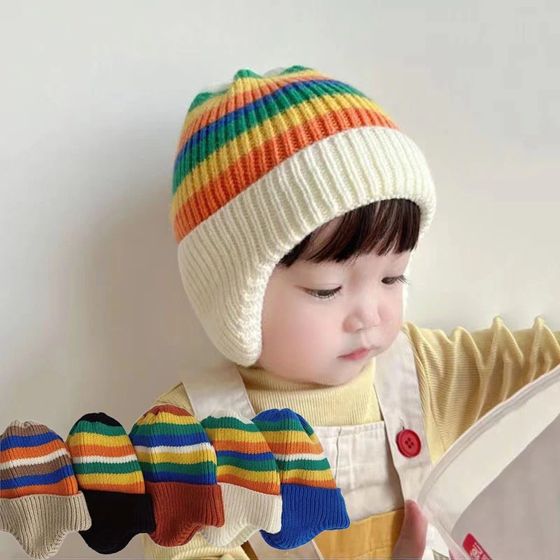 Winter Baby Knit Hat Korean Striped Rainbow Kids Beanie 1-4Year Boy Girl Warm Ear Protection Cap Colorful Children Earmuffs Caps