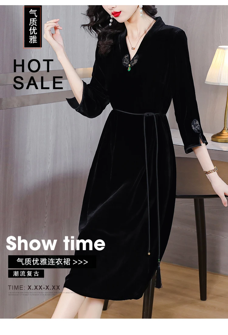 Velvet Midi Vintage Black Prom Korean Fashion Playa Vestiti Donna Autumn Winter Longue Evening Dresses