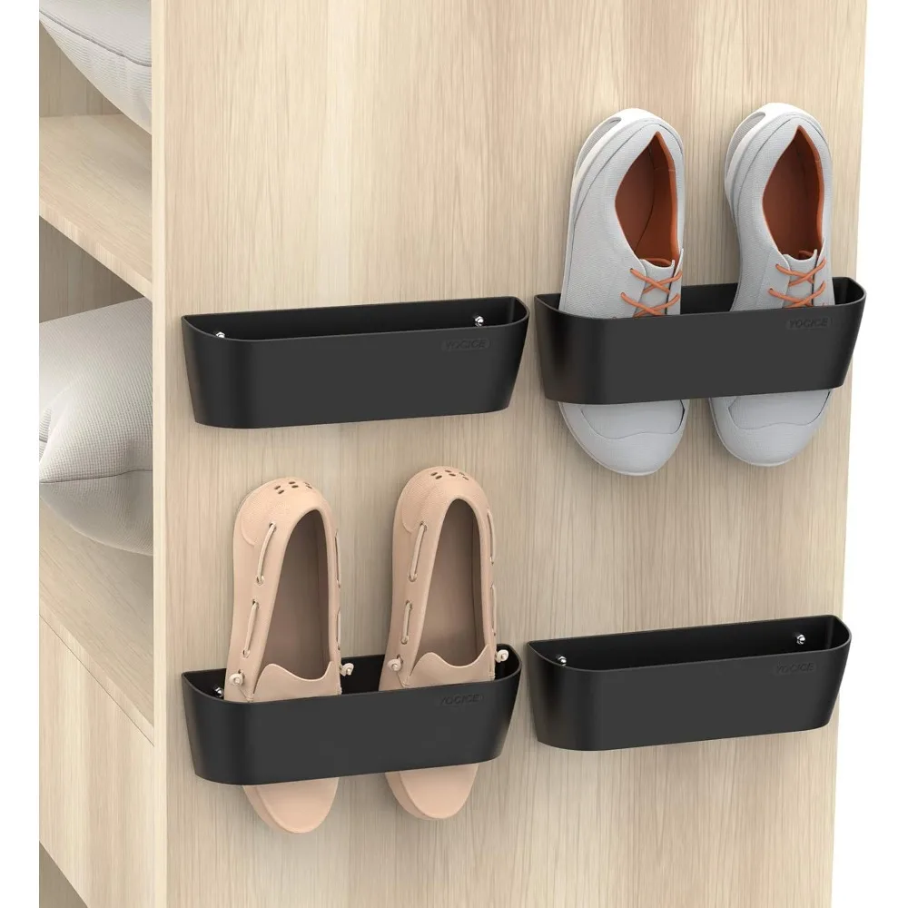

Wall Mounted Shoes Rack 4Pack with Sticky Hanging Strips, Plastic Shoes Holder Storage Organizer,Door Shoe Hangers (SM03-Black-4