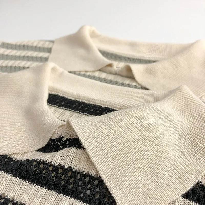 New Spring Children Knitted Hollow Out Polo neonata Pullover a maniche corte allentato top Boy Kids Summer Casual Striped Tees