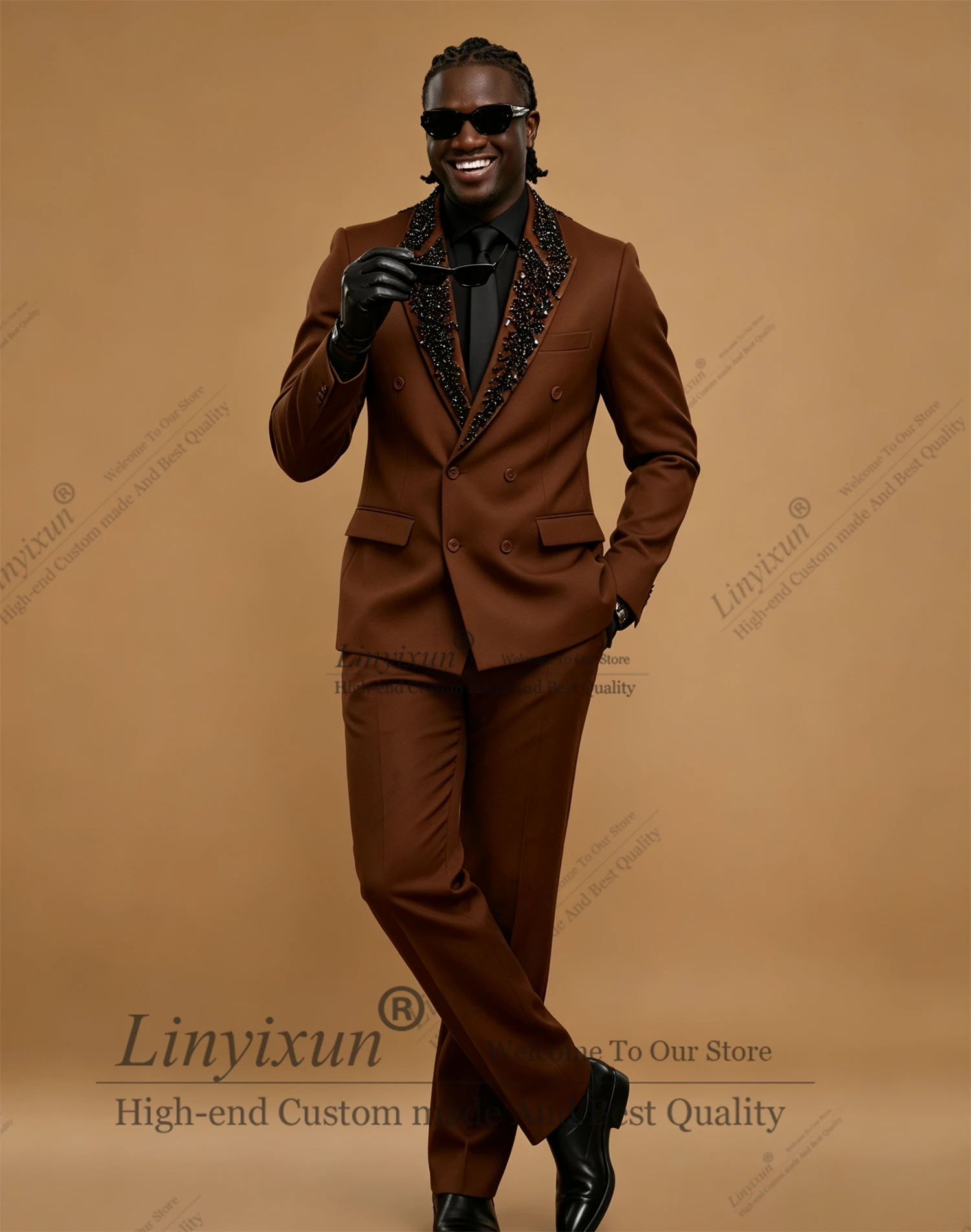 Fashion Men's Luxury Wedding Suit Double-Button Slim Fitting Groom Suits Crystals Customized Tailored Tuxedo Jacket Pants