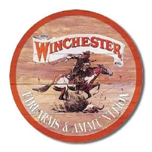 Winchester Firearms & Ammunition Ammo Hunt Retro Round Metal Tin  Sign