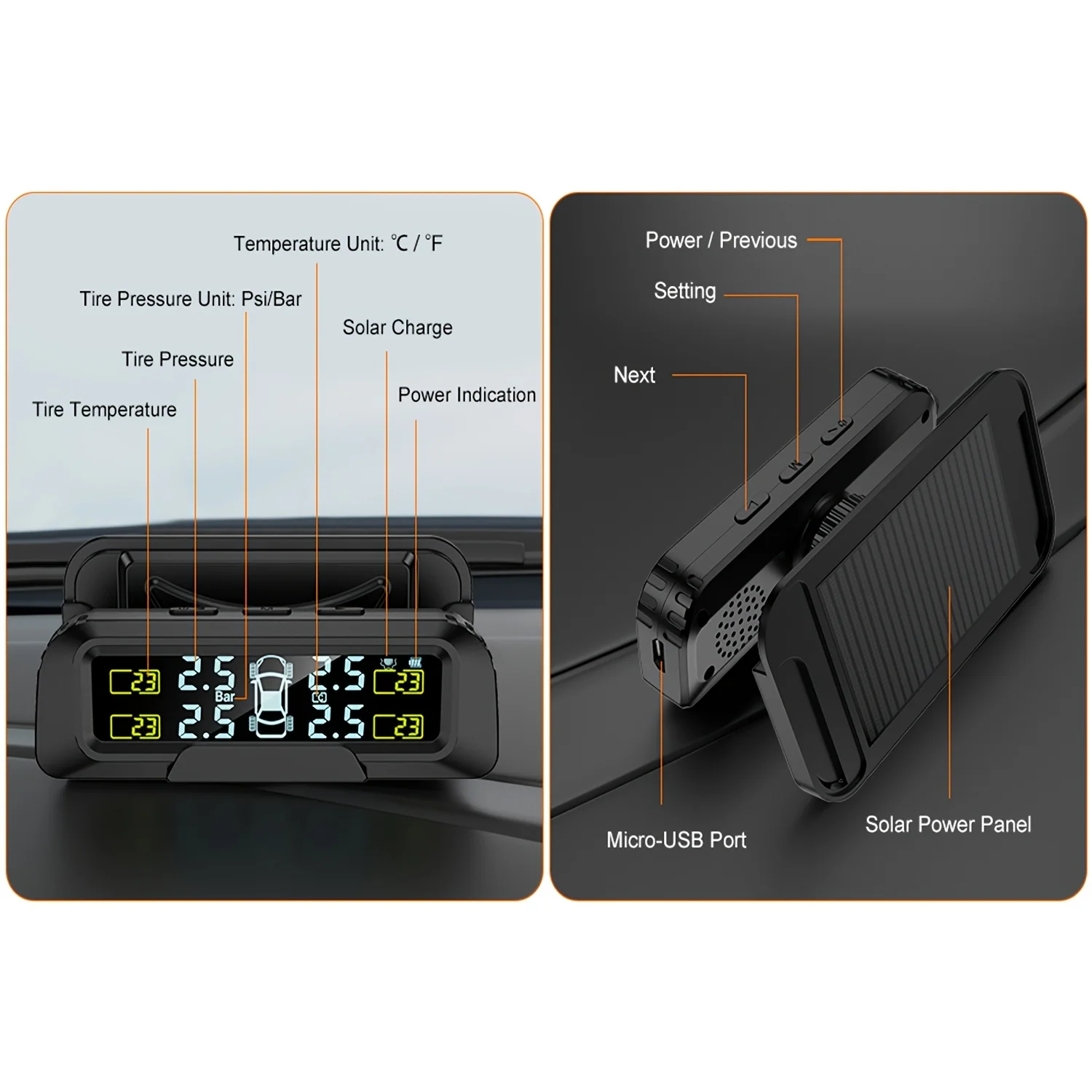 نظام مراقبة ضغط الإطارات يعمل بالطاقة الشمسية لسيارة SUV بيك اب MPV ORV TPMS طقم أجهزة استشعار خارجية لاسلكية قوس قابل للفصل