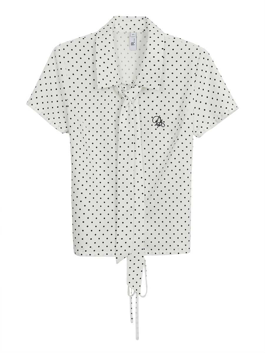 قميص صيفي بأكمام قصيرة للنساء، بلوزة بيضاء منقطة، قميص قصير بتصميم راقي، ياقة بولو مع تفاصيل أزرار، قميص بقصة مستقيمة #2