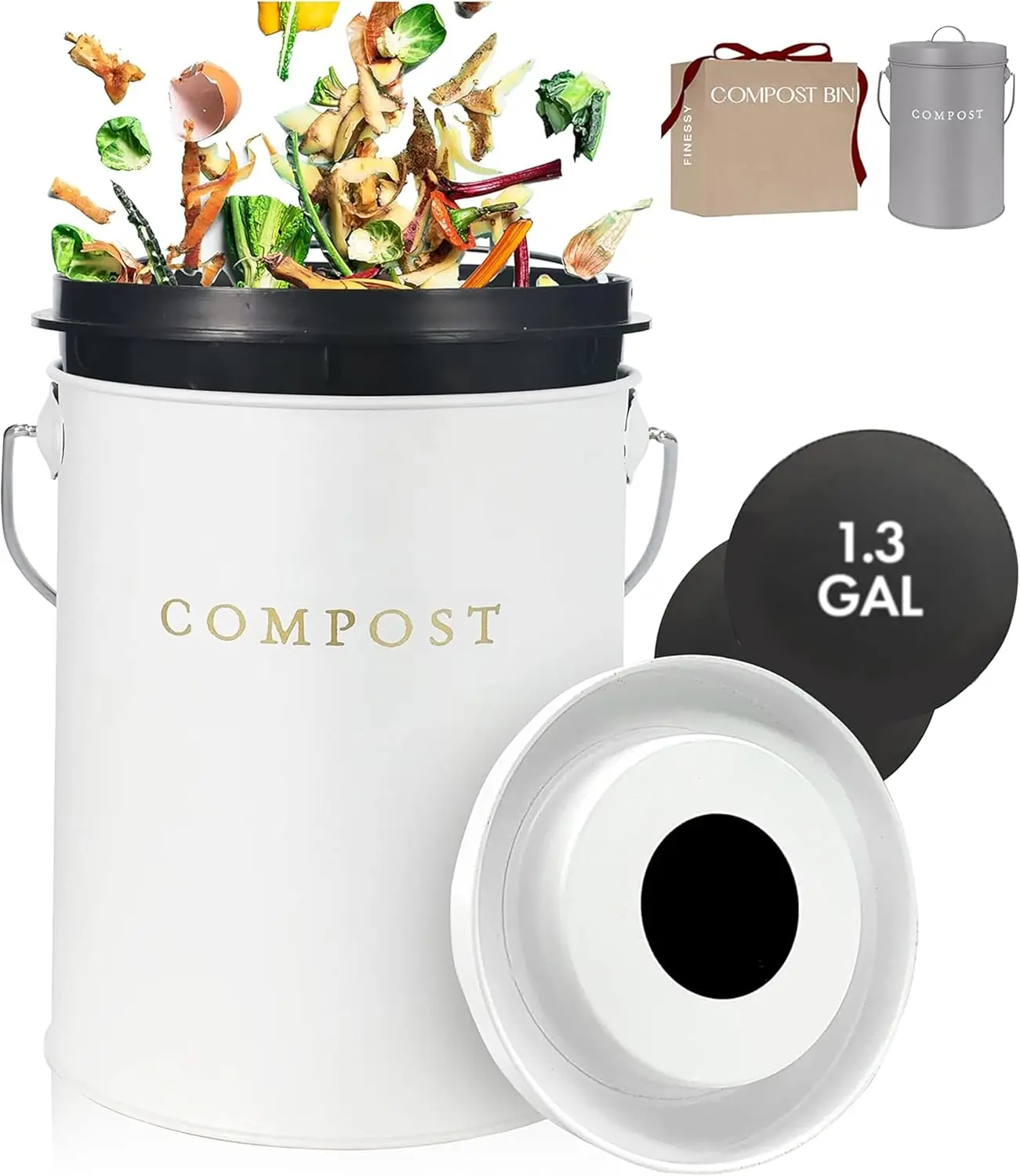

White 1.3 Gallon Indoor Compost Bin with Lid, Odorless Kitchen Bucket for Food Waste, Stainless Steel Countertop Trash Can