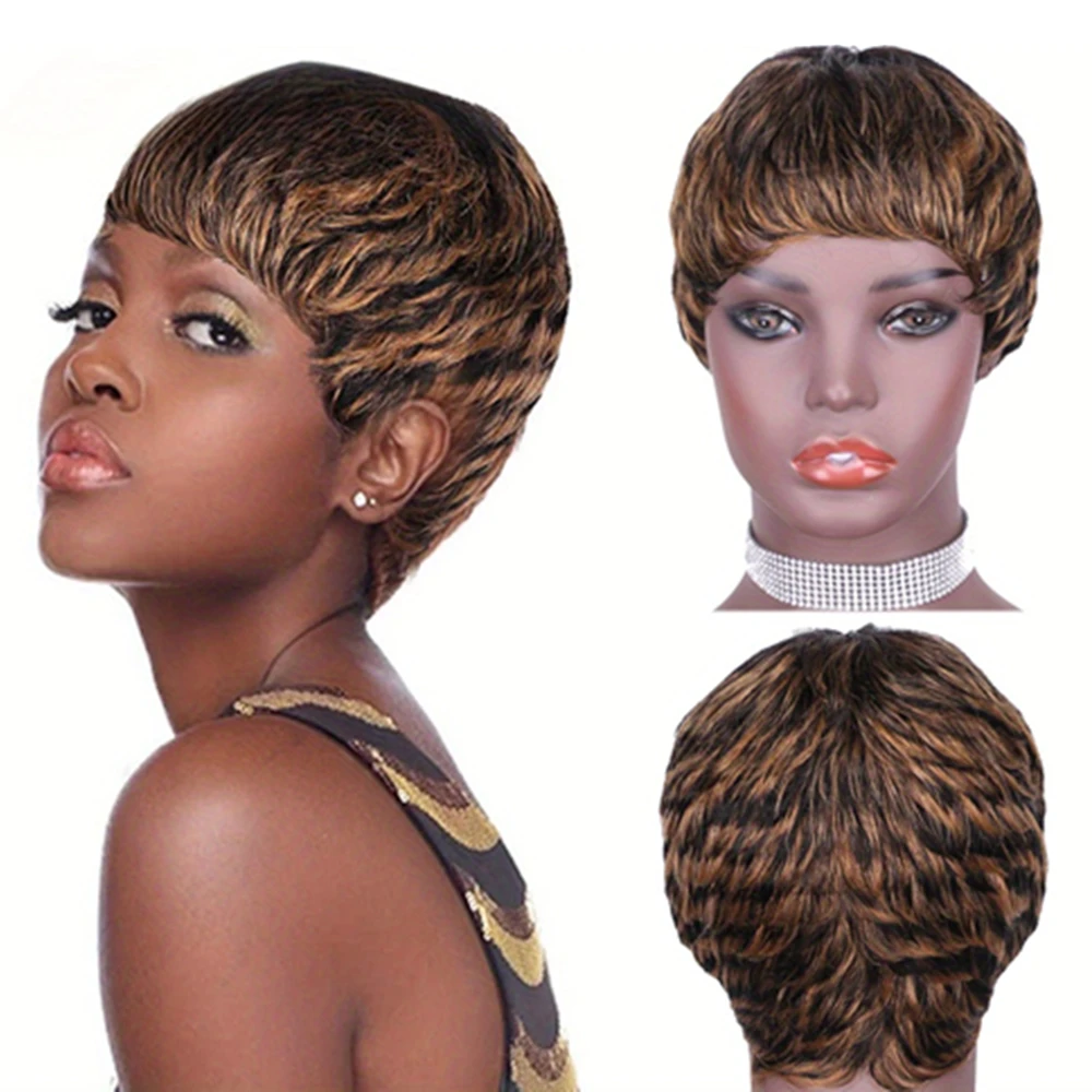 

human Wigs for Black Women Short Pixie Cut Hair Wigs machine made Burgundy Brown Colors wig 150% density