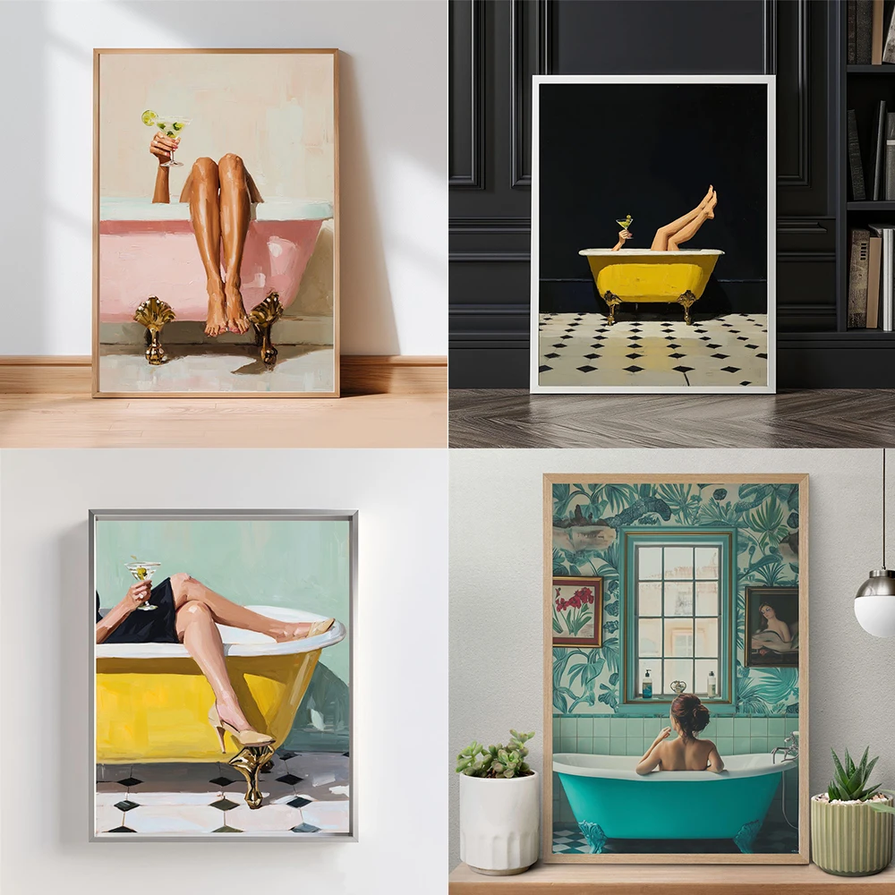 

Bathtub Legs Art Print Minimalist Retro Bathroom Illustration Prints Poster Tub Champagne Bath Print Woman Bathroom Art Decor