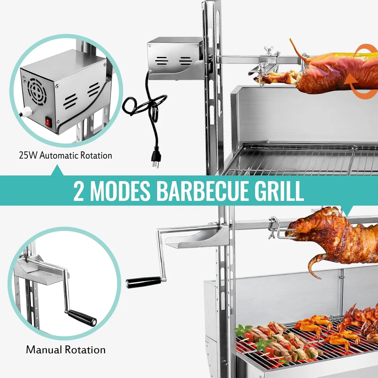 Rotisserie Grill Roaster With Back Cover Guard, 25W Motor Small Pig Lamb Rotisserie Roaster, 48.7 Inch Stainless Steel Charcoal