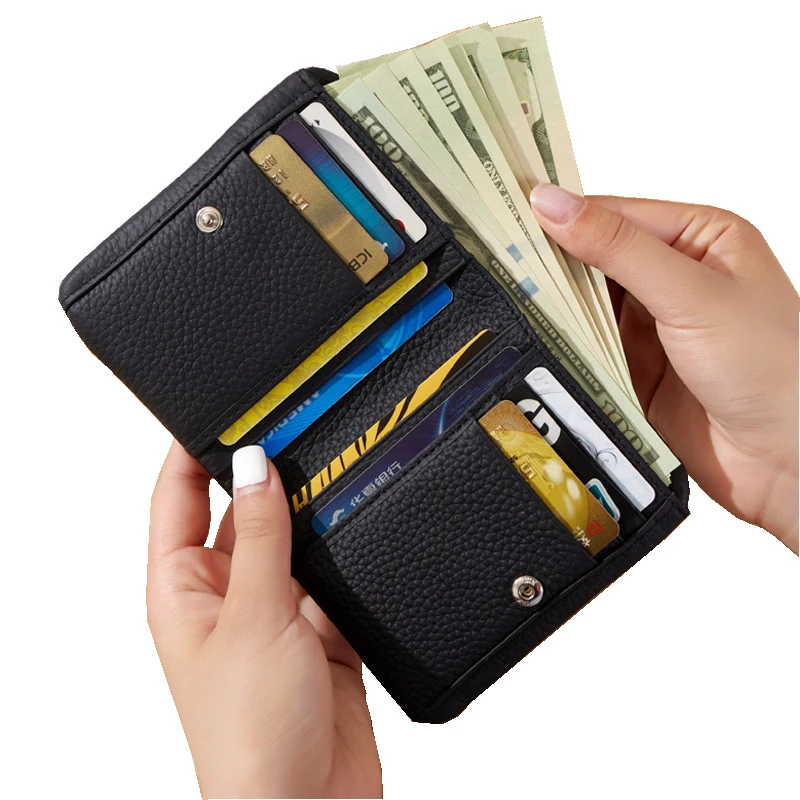 RFID Blocking Cowhide Small Wallet Unisex Slim Zipper Convenient Card Holder Coin Purse Mini Coin Storage Bag
