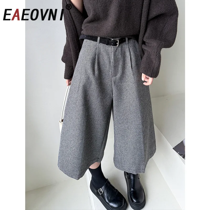 

EAEOVNI Vintage Plaid Mid Length Pants Women Fashion Belt High Waist Wide Leg Trousers Casual Fashion 2026 Spring New Clothing