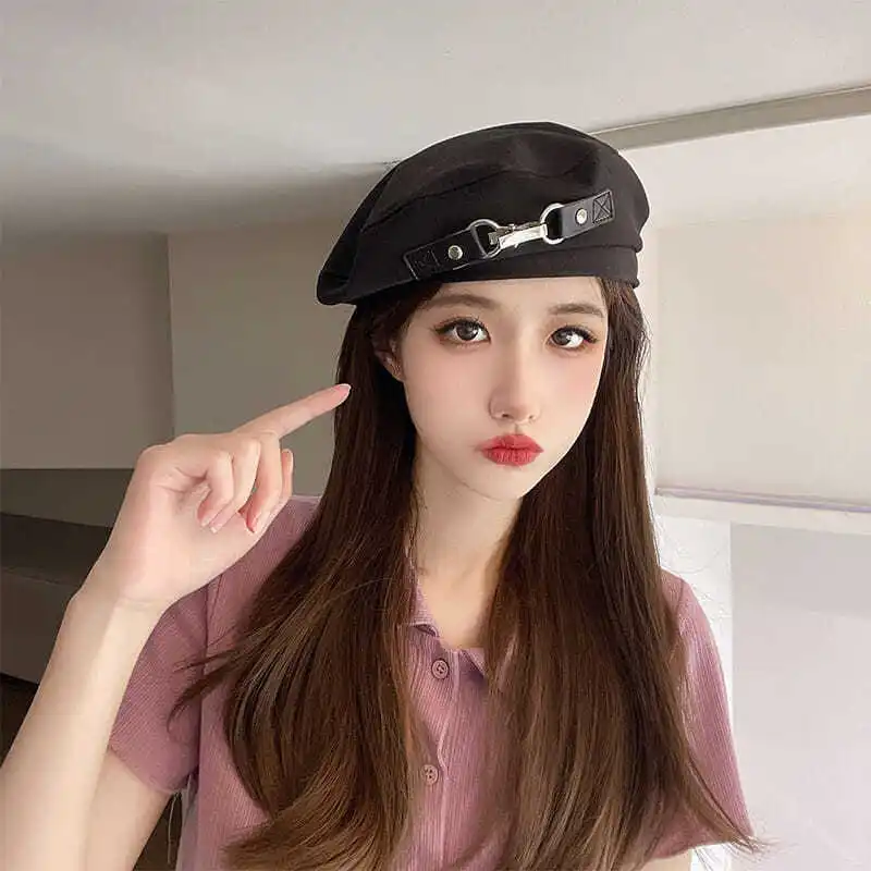 Black Beret Hat for Women Summer Harajuku Punk Gothic Metal Ring PU Belt Chain Black Hat MenChic Streetwear Beanie Bonnet