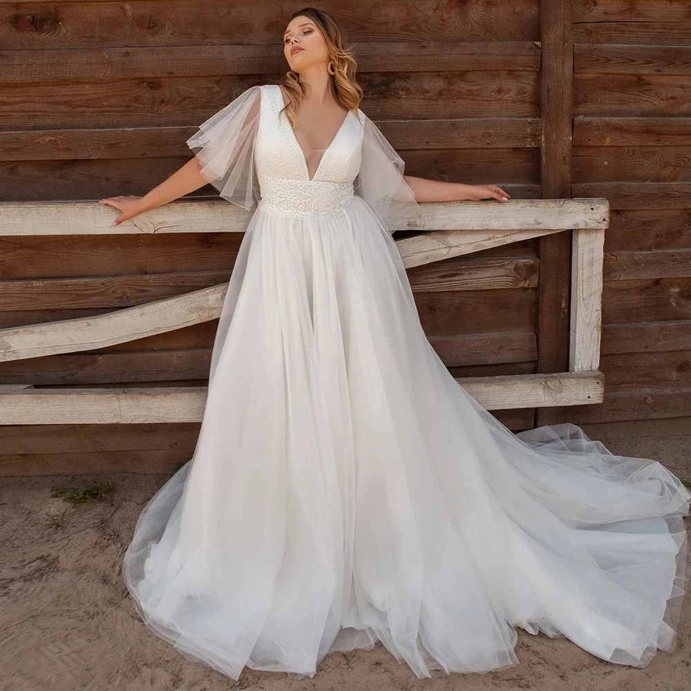 Vestidos de casamento simples a linha tule em camadas vestidos de noiva mangas alargamento profundo decote em v robes sem costas vestidos de novia personalizado