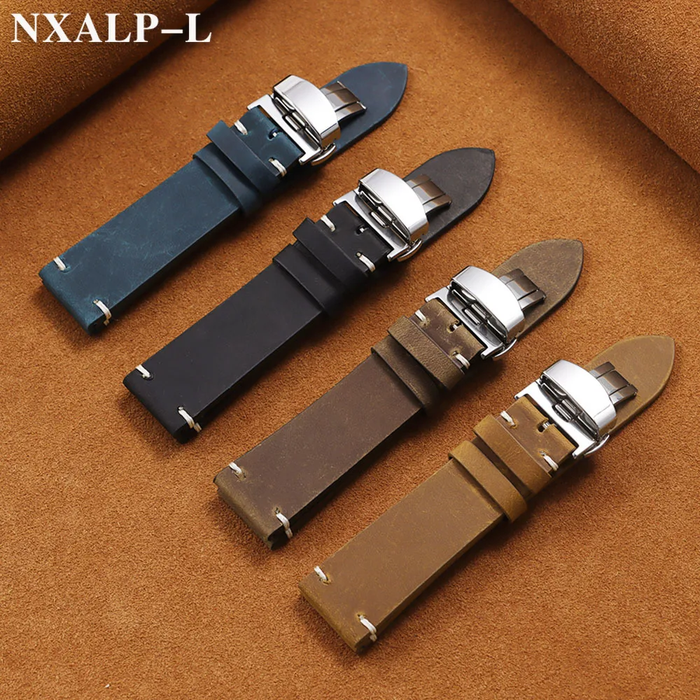 خمر النفط الشمع الجلود حزام (استيك) ساعة 18 مللي متر 20 مللي متر 21 22 مللي متر 24 مللي متر جلد البقر خياطة حزام ل Seiko ل أوميغا معصمه فراشة مشبك