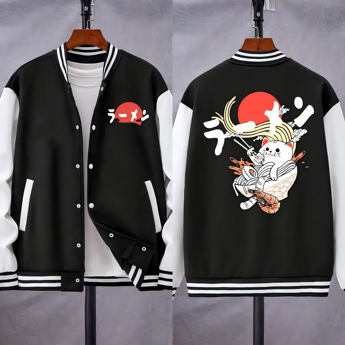 

Японская вкусная бейсбольная форма с принтом лапши и кота, повседневная свободная одежда, модные флисовые мужские куртки, универсальная осенняя уличная одежда