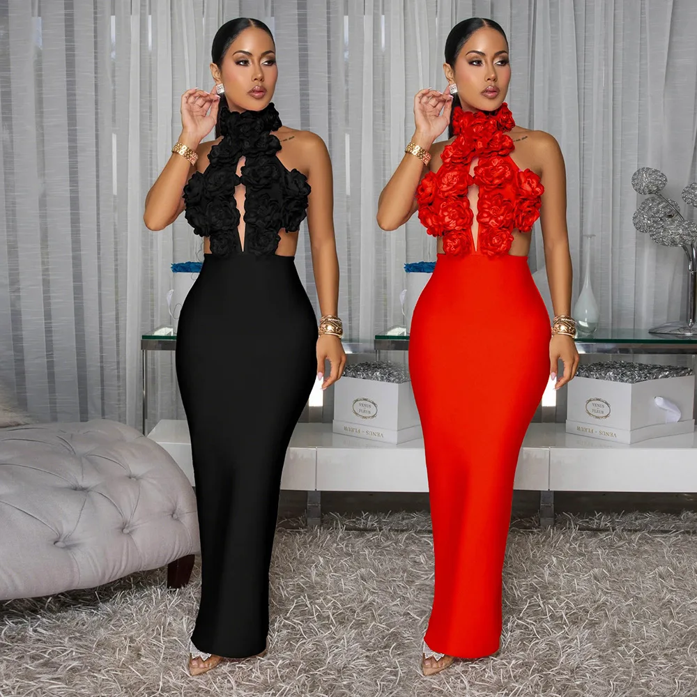2025 Hot Selling Halter Neck Sexy Dress with Large Floral Print Women's Elegant Evening Gown for Party Prom Formal Occasion Wear