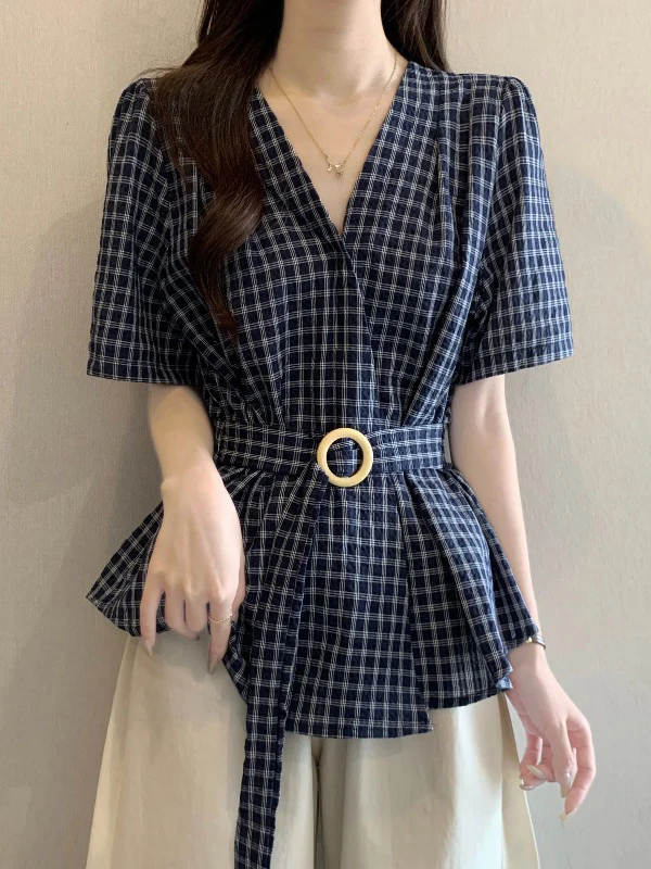 

Elegant plus Size Women's Blue Plaid V-Neck Short Sleeve Shirt Korean Style Loose Fit Commute Fashion Summer New Arrival
