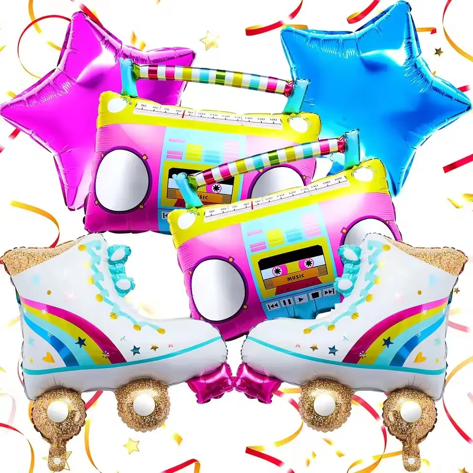 6 Globos de Instrumentos Musicales: Micrófono, Guitarra, Saxofón, Banjo, Radio, Estilo Película de los 80s y 90s, para Decoración de Fiestas Disco y Cumpleaños