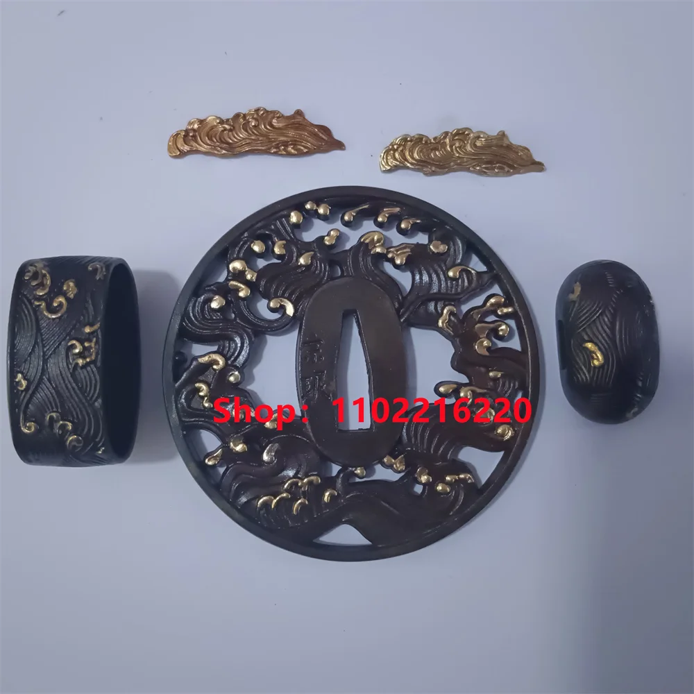 

High Quality Copper Tsuba Handguard Guard Brass Fuchi Kahsira Menuki For Real Japan Samurai Katana Sword Fittings Sea Wave Theme