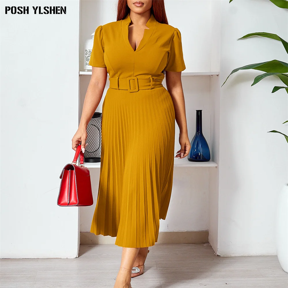 V-neck Pleated African Dresses for Women 2025 Summer Clothes Long Dress Sexy Party Office Belt Vestido Elegant Robe Longue Femme