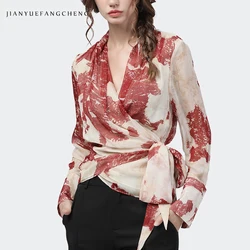 Fashion Women' Long Sleeve Red Printed Chiffon Blouse For Spring Summer Asymmetrical V-Neck Lace-up Shirt Tops