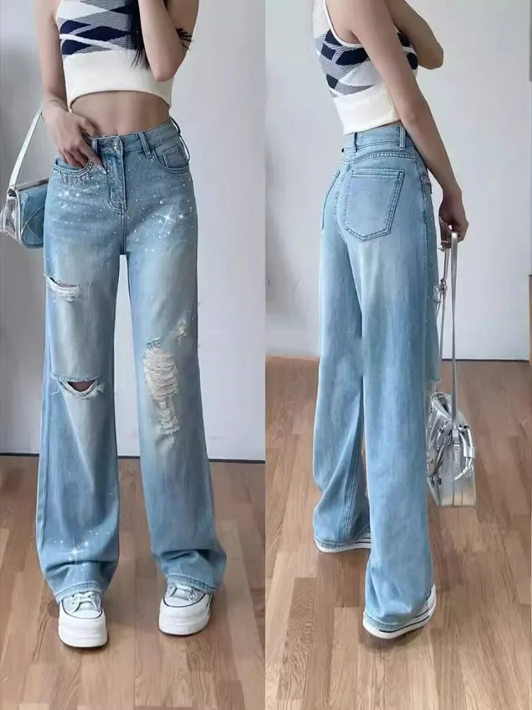 

Летние тяжелые роскошные градиентные стразы сверкающие блестящие рваные прямые брюки тонкие женские широкие брюки