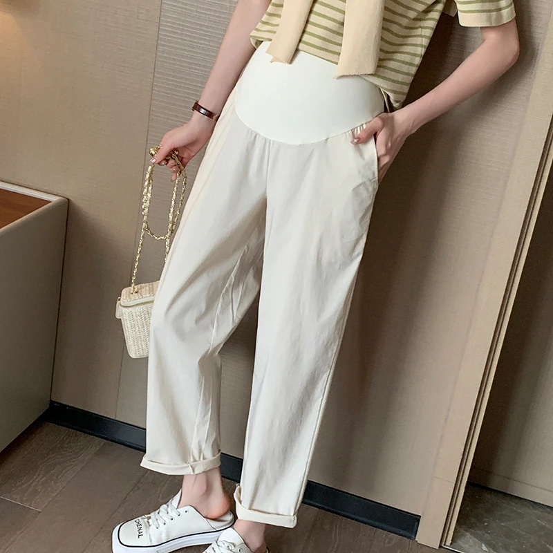 Woman Cotton Linen Trousers Ankle-length High Waist Maternity Belly Pants Casual Pregnancy Cropped Pants M-3XL Summer Pregnant