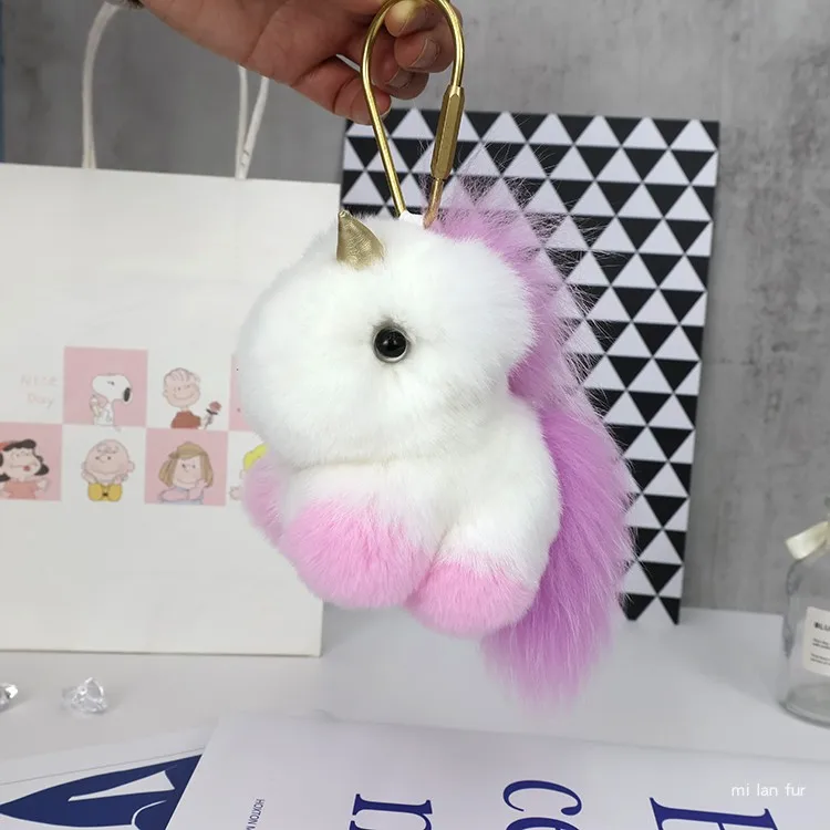 Cute Real Rex Rabbit Fur Keychain Unicorn Keyring for Women Bag Purse Car Decoration Christmas Present