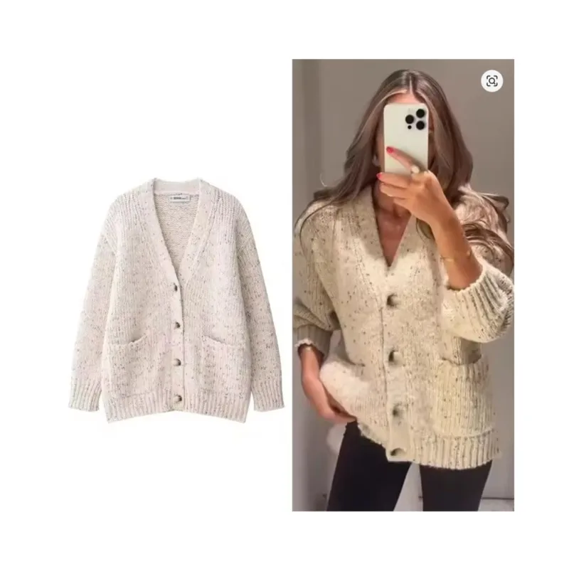 

Женская маленькая вязаная свободная куртка в горошек, осеннее однобортное пальто с v-образным вырезом, удобный кардиган, женский свитер