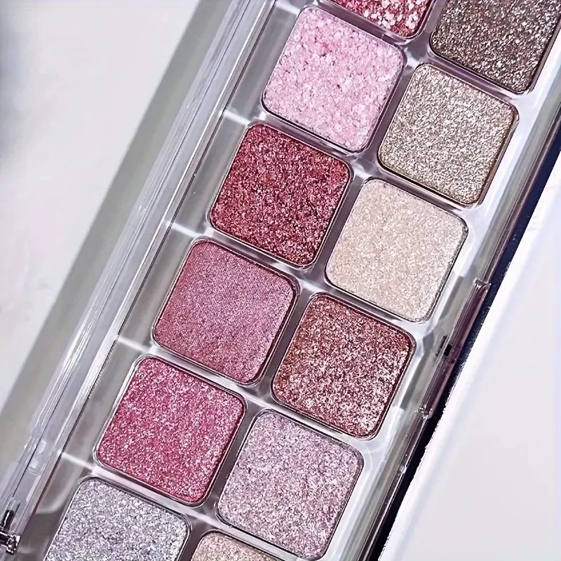12-Color Sparkle Eyeshadow Palette with Shimmering Pearlescent & Glitter Finishes for Stage Performances and Highlighting Makeup
