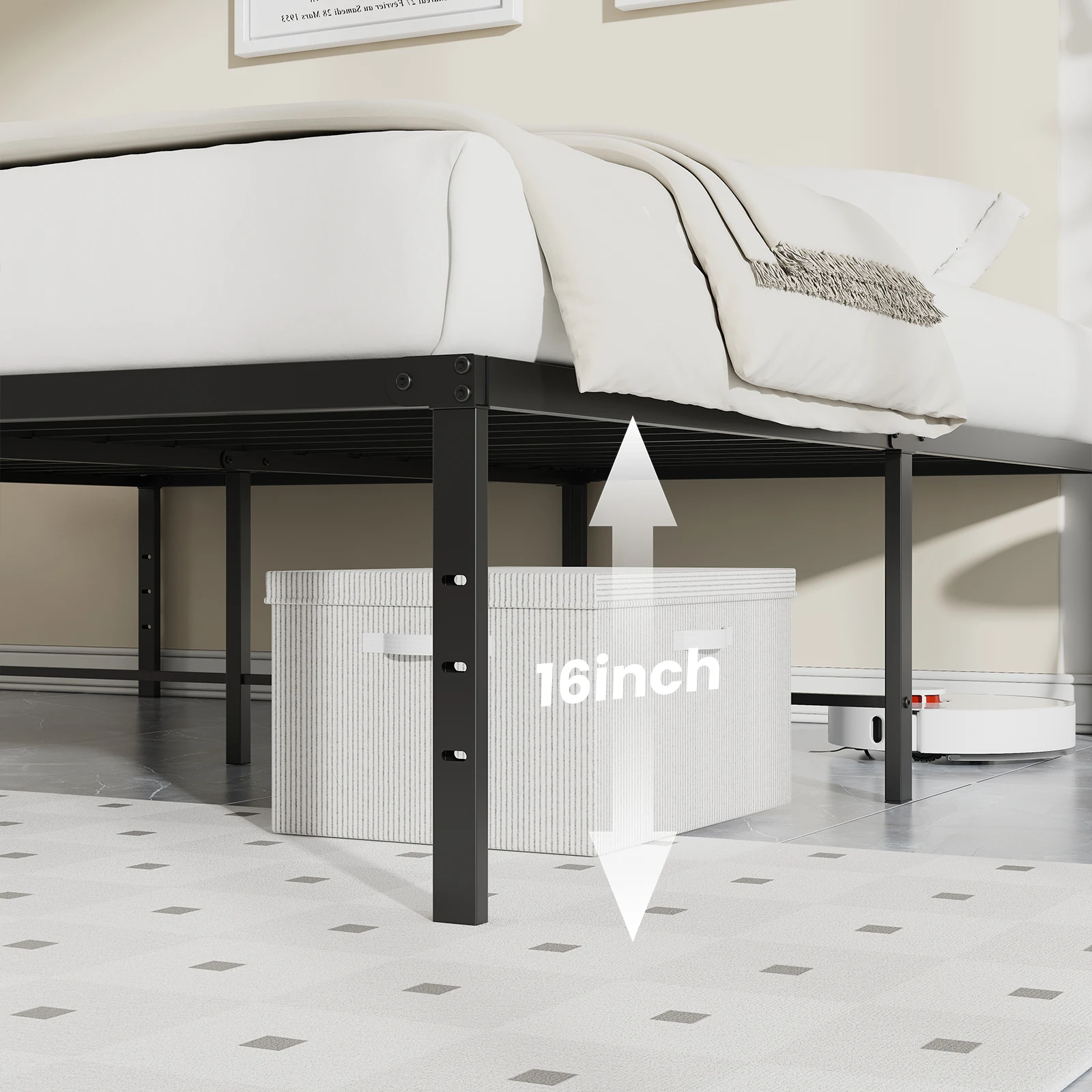 MCQ 16 Inch Platform Bed Frame Full Size Metal Platform with Storage Sturdy Steel Slat Support Bedroom Bed Heavy Capacity