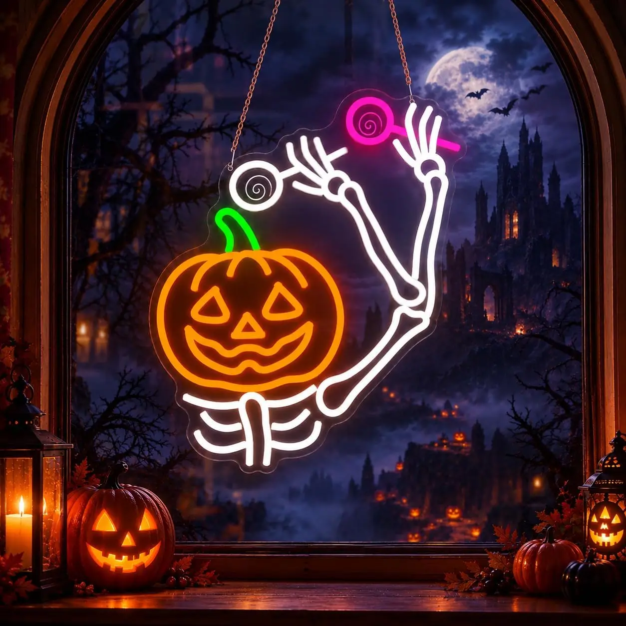 Waving Pumpkin Skull Halloween Neon Sign LED Glowing Sign for Party Home Bedroom Bar Wall Decor Gift USB Powered Neon Light