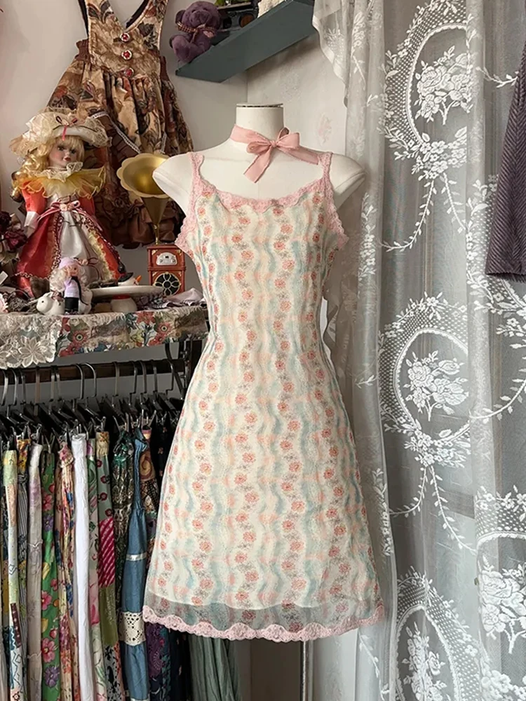 กระโปรงทรงเอลายลูกไม้ดอกไม้ฤดูร้อนสำหรับผู้หญิง ดีไซน์หวานช่วยให้ดูผอมเพรียว สไตล์ญี่ปุ่น กระชับเอว