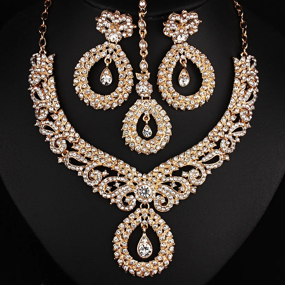 Crystal Necklaces Fashion Gold Color Rhinestone Choker Necklaces earrings set  for Women Geometric Bridal Weddings Jewelry Party