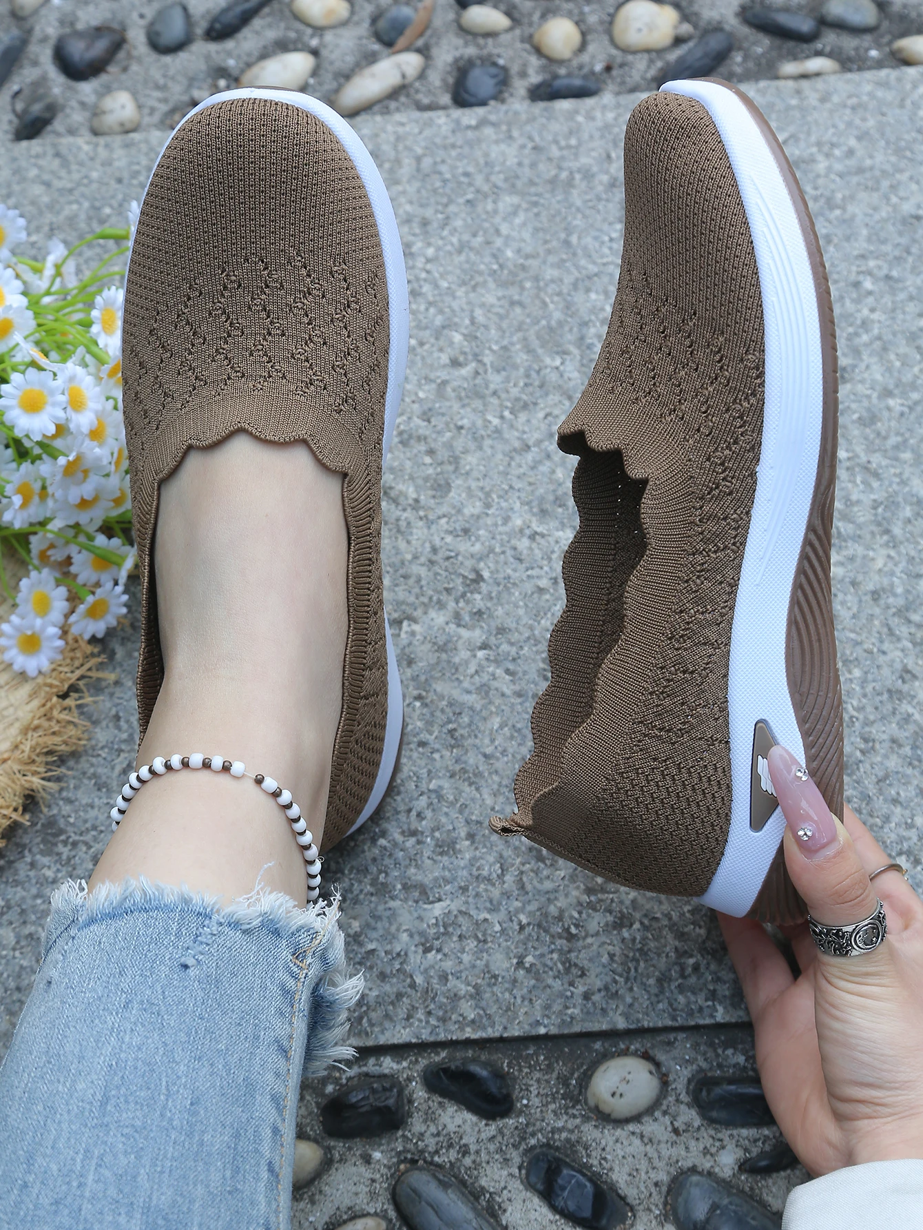 Damen-Slip-On-Freizeitsneaker aus Strick, atmungsaktive, leichte Komfort-Wanderschuhe mit Muschelbesatz, kostenloser Versand – Detail 7