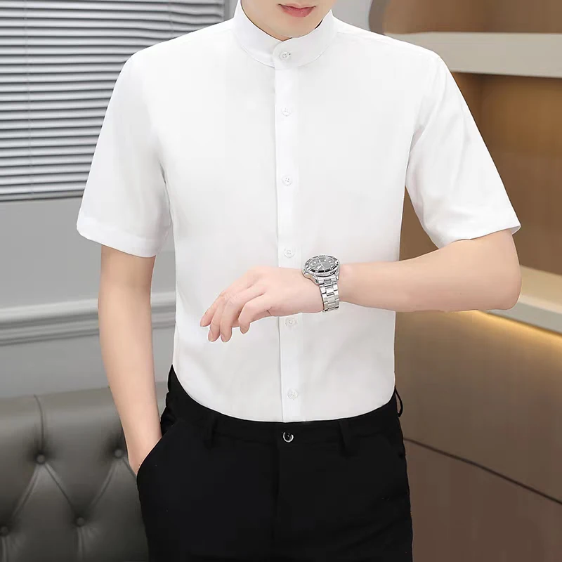 

Minimalist high-end summer short-sleeved shirt, ice silk high-end leisure stand-up collar shirt.