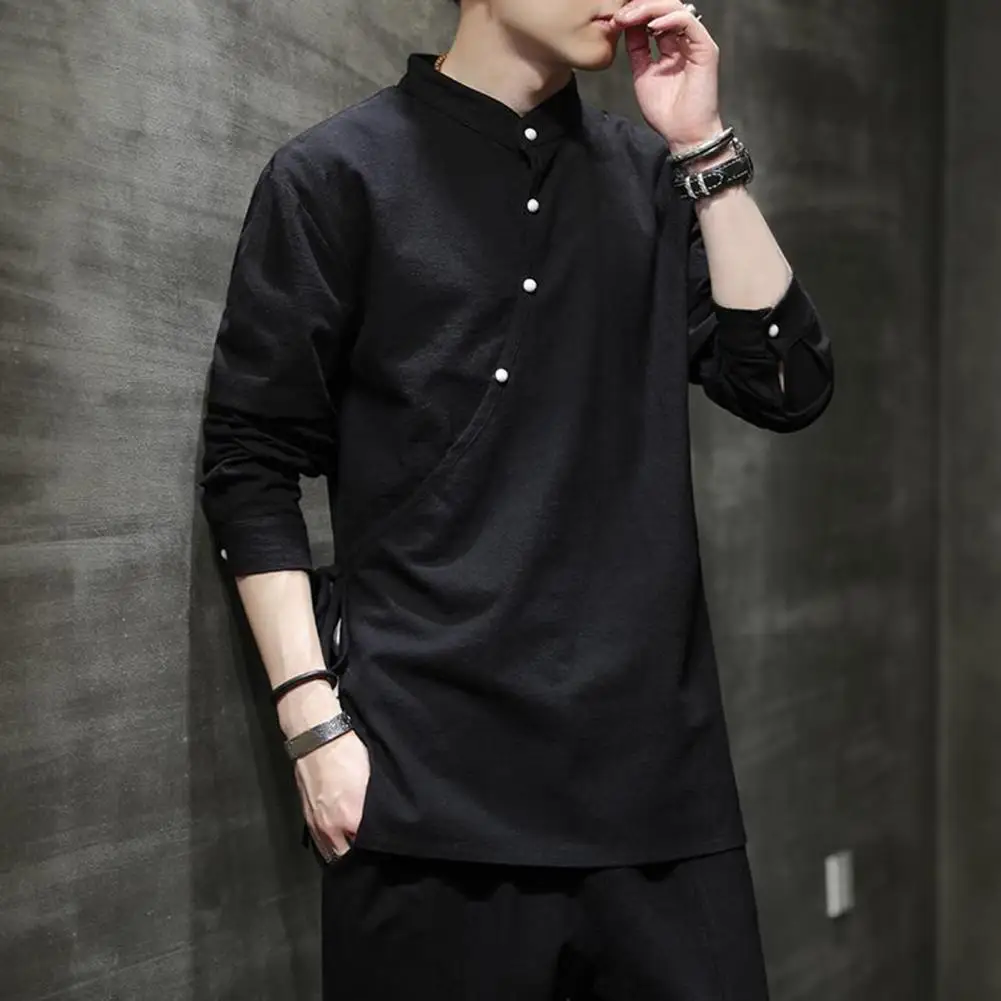 Chinese Hanfu Style Men Shirt Stand Collar Long Sleeves Lace-up Solid Color Loose Plus Size Side Slit Tang Suit Top