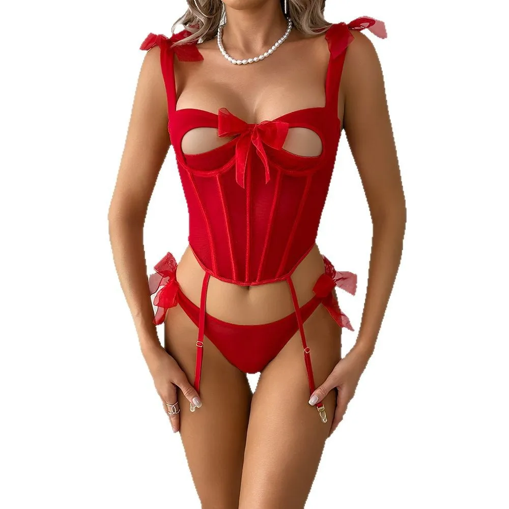

Красный комплект нижнего белья с корсетом, прозрачный, с бантом и шнуровкой, из двух частей, женское белье, ночная одежда, с вырезами