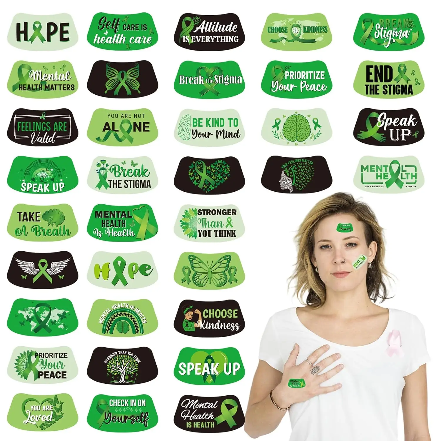 

180PCS Green Ribbon Temporary Face Tattoos for Mental Health Awareness Events & Support Decorations
