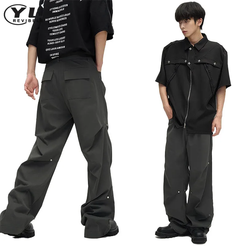 American Casual Suit Pant Man Woman Spring Summer Rivet Fold Design Straight Cargo Pants Unisex Loose Wide Leg Sports Trousers