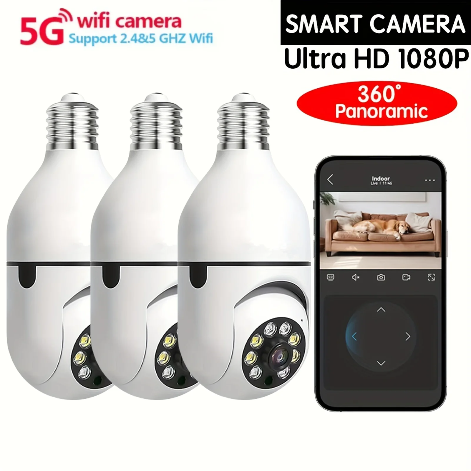 

3Pc Ease Life APP-Light Bulb Security Cameras Outdoor Wireless WiFi Camera 5GHz, 360 Degree, E27 Light Socket Screw In Securi