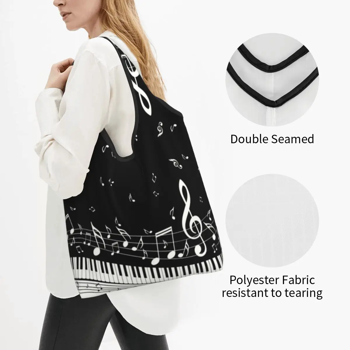 Fashion Fashion Piano And Music Note Shopping Tote Bags Portable Grocery Shopper Shoulder Bag