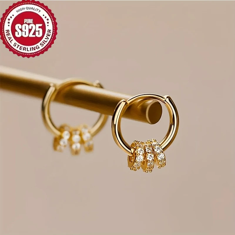 925 Sterling Silver Gold Plated Huggie Hoop Earrings Dainty Sparkling CZ Cluster Design Hypoallergenic Elegant Jewelry for Women - view 4