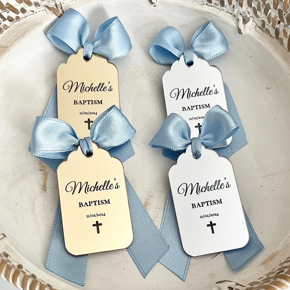 Etiquetas de recuerdo de bautismo personalizadas, espejo personalizado, acrílico, cruz de bautizo, Baby Shower, Mi Bautizo, etiquetas de nombre, decoración, 20/30/50 Uds.